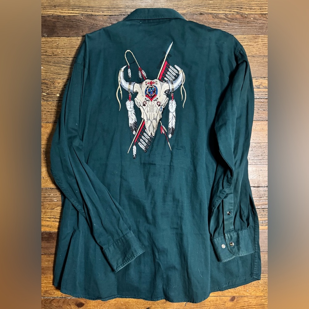 Crazy Cowboy Vintage Western Rodeo Embroidered Pearl Snap Long Sleeve Shirt XL